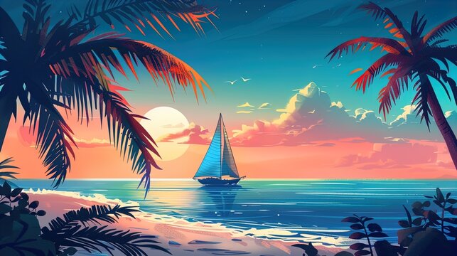 A tranquil tropical scene at sunset featuring a sailboat gliding across the calm ocean waters. The background showcases vibrant colors of orange, pink, and blue hues in the sky, with fluffy clouds par