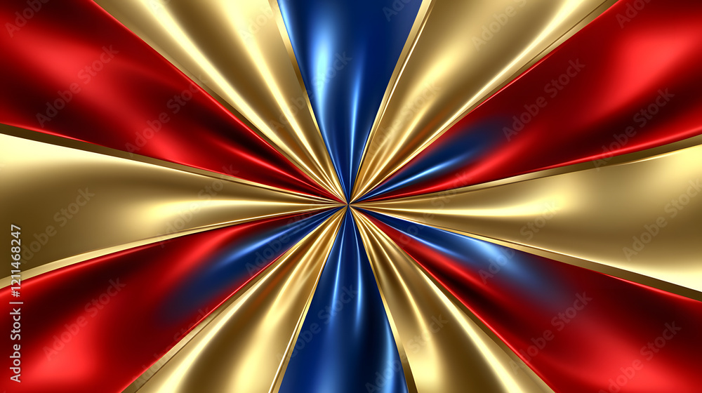 Poster a bright and modern flag featuring a sunburst pattern in gold, red, and blue, with sharp edges on a 