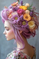 Naklejka premium Woman with floral-themed colorful pompadour: Hair shaped like blooming flowers in shades of pink, purple, and yellow, with a matching floral dress.