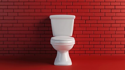 A pristine white toilet placed against a brick red background, adding boldness and texture.