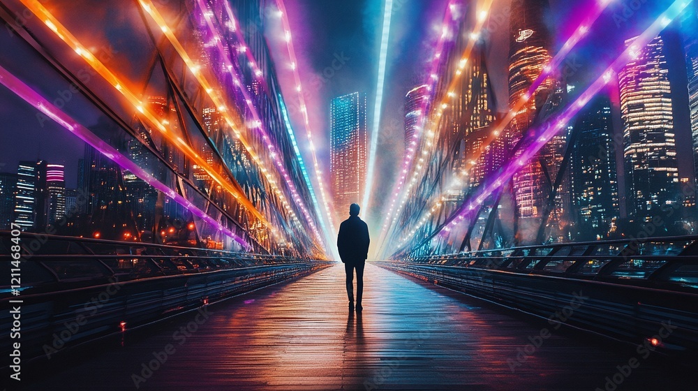Poster surreal composition of a person standing on an empty urban bridge illuminated by beams of colored li