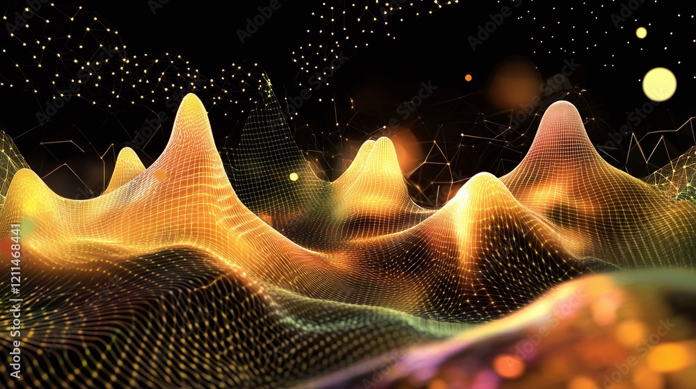 Aufkleber surreal financial chart with glowing golden peaks and curves surrounded by abstract geometric patter