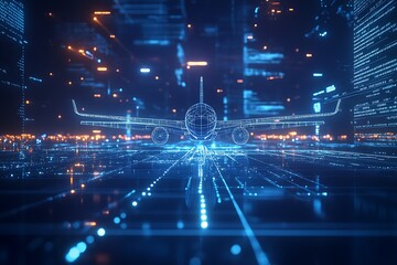 Futuristic Airplane Over a Networked Cityscape