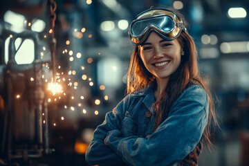 Beautiful, cute girl welder in welding glasses on background of iron factory background.