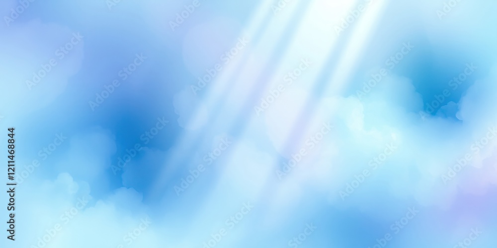Poster a serene spring scene with soft blue hues and gentle light filtering through clouds, creating a drea