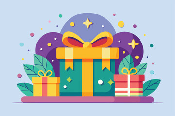 Brightly wrapped presents sit among decorative elements, creating a joyful atmosphere perfect for celebrations Gift Customizable Flat Illustration