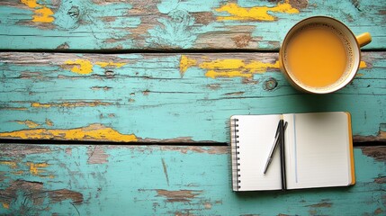 Cozy Workspace with Notepad and Cup of Tea on Rustic Table
