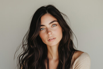 Fototapeta premium Portrait of beautiful brunette girl with luxurious long hair, fashion and style on white background.