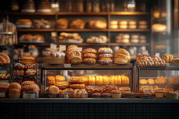 Bakery shop counter with various types of baked goods, breads and buns background.