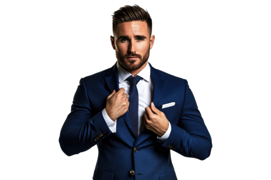 Businessman adjusting his jacket isolated on white or transparent, PNG