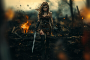 Obraz premium Beautiful warrior girl with a sword in her hands on a scorched earth battlefield background.