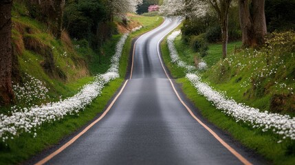 Fototapeta premium A serene countryside road surrounded by beautiful white flowers, offering a calming and picturesque atmosphere.