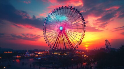 Ferris wheel sunset amusement park colorful night