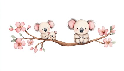 Adorable family of koalas sitting on a branch surrounded by pink blossoms in a whimsical, serene setting