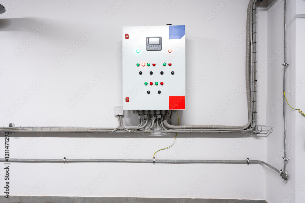 Poster control panel mounted on a wall with various indicator lights and buttons in an industrial setting