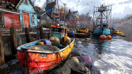 vibrant fishing village with colorful boats, nets, and serene water reflects charm of coastal life