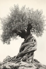 Ancient olive tree, gnarled roots, rocks, olives.