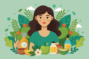 A girl explores natural and organic products among lush leaves and cheerful plants in a bright setting Girl with natural and organic products,