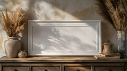 Cozy Interior with Decorative Elements and Empty Frame on Table