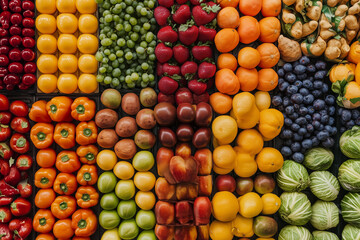 Various fruits and vegetables on a market stall top view background..