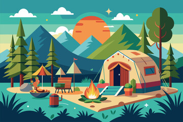 Fototapeta premium A couple relaxes by a campfire in a stylish glamping site with mountains and sunset in the background Glamping Customizable Flat Illustration