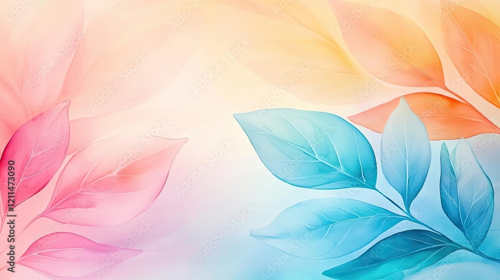 Poster soft watercolor idea. soft pastel leaves creating a tranquil and artistic background for design proj