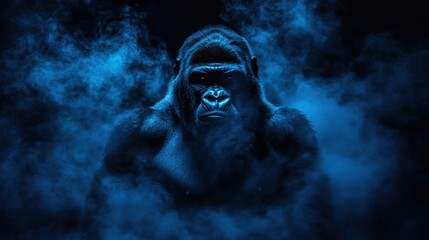 Majestic Silverback Gorilla Surrounded by Ethereal Blue Mist