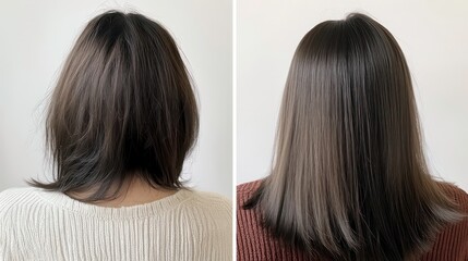 Fototapeta premium Before & after view of woman's hair transformation, showcasing improved shine and smoothness.