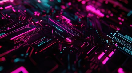 Fototapeta premium Abstract Cyberpunk Circuit Board: Neon Glow, Futuristic Technology
