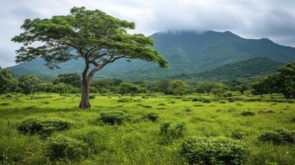 Obraz premium Lush Green Landscape with Solitary Tree Against Mountain Backdrop