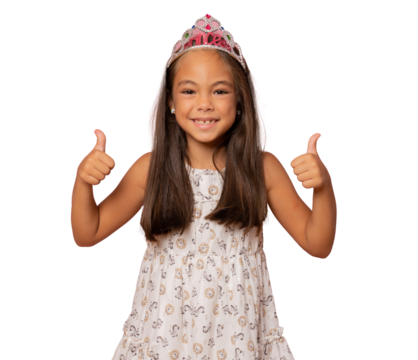 Happy child girl wearing a princess crown showing thumbs up isolated over transparent background. PNG transparent. - Powered by Adobe