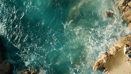 Aerial view of turquoise ocean waves crashing on rocky shore.