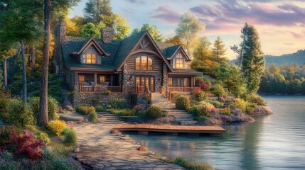 Fototapeta premium Peaceful riverside house with a stone pathway leading to a dock on a calm river.