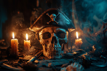 Fototapeta premium Human skull with a pirate hat above in the candlelight on the wooden table background.