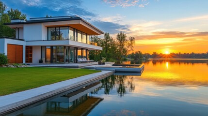 Fototapeta premium Scenic view of a modern riverside house at sunset, reflecting in the tranquil water.