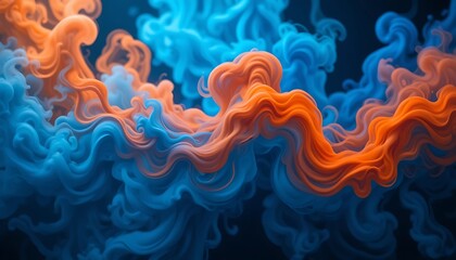 Abstract swirling vibrant blue and orange ink in water, mesmerizing fluid art, dynamic color mixing, captivating visual effects, mesmerizing artwork, beautiful background, artistic expression