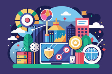 A vibrant digital display showcases various elements of technology amidst a city background Goal Customizable Disproportionate Illustration