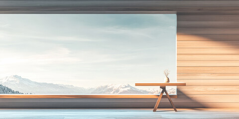 Modern interior with panoramic window showcasing mountain landscape during daylight