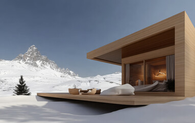 Modern wooden lodge nestled in snowy mountains during a clear winter day