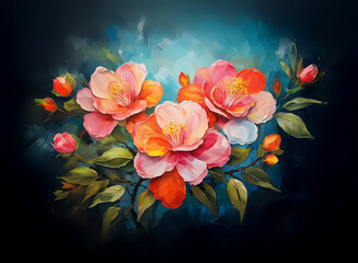 A vibrant cluster of pink and orange blossoms against a dark teal background.  The painting style is expressive and textured, emphasizing the flowers' delicate beauty.