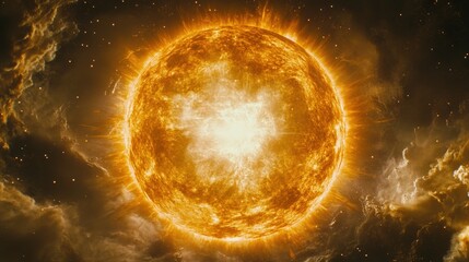 Obraz premium Radiant Sun Illuminating Cosmic Clouds and Stellar Backdrop