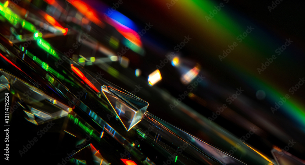 Poster glass triangular fragments with refraction of light on a dark background . generative ai