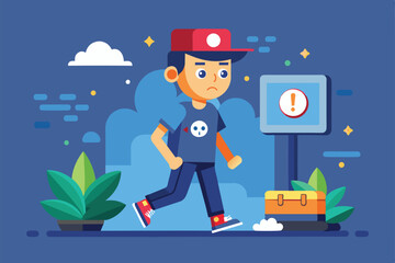 A boy strolls past a notification sign in a colorful and playful outdoor environment Going offline Customizable Semi Flat Illustration