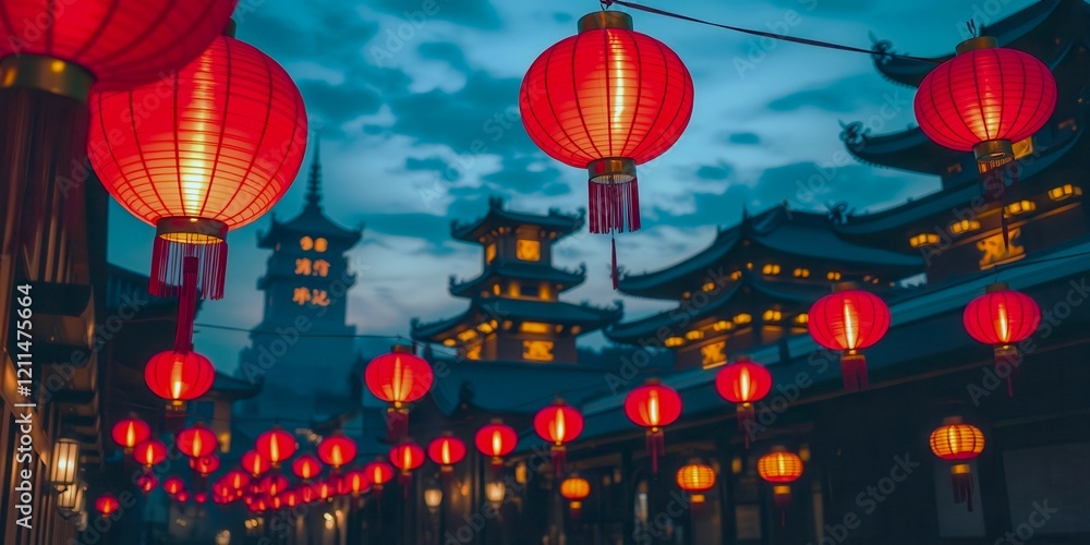 Poster a row of red lanterns hang from the ceiling, creating a warm and inviting atmosphere. the lanterns a