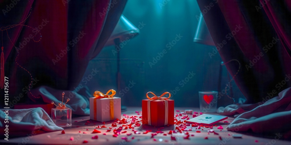 Poster a pair of red boxes with a white box in between them. the boxes are on a table with a pile of red co