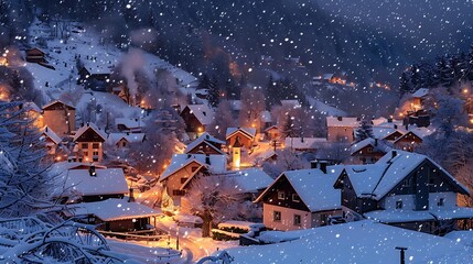 Snow Covered Village Houses Illuminated At Night