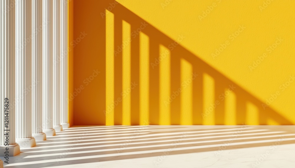 Poster a vibrant yellow wall casts shadows of white columns, creating a striking contrast and geometric pat