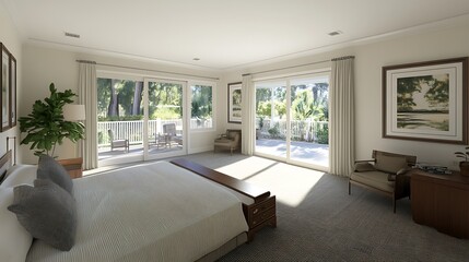 Fototapeta premium Serene Bedroom Design With Patio Access And Natural Light