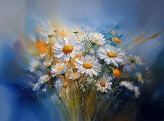 A vibrant bouquet of daisies, painted with soft brushstrokes, is set against a dreamy, blue and orange background.  The artwork features delicate petals and stems