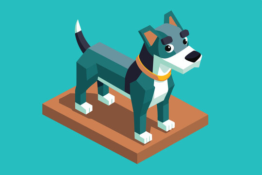 A colorful isometric illustration featuring a playful dog standing proudly on a wooden base Good doggy Customizable Isometric Illustration